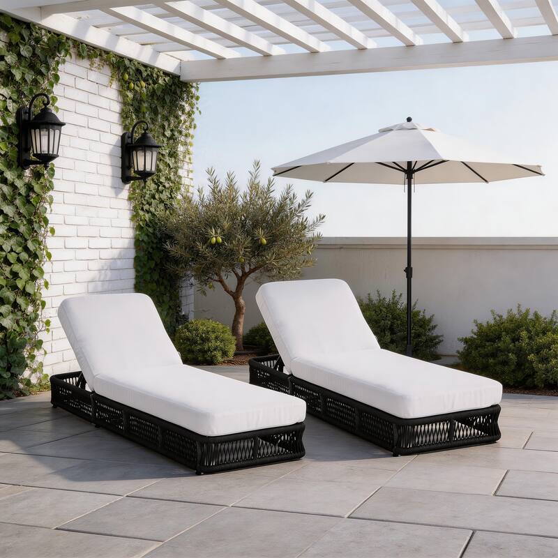 Set of 2 Woven Rattan Outdoor Chaise Lounge With Cushion - White/Black Frame