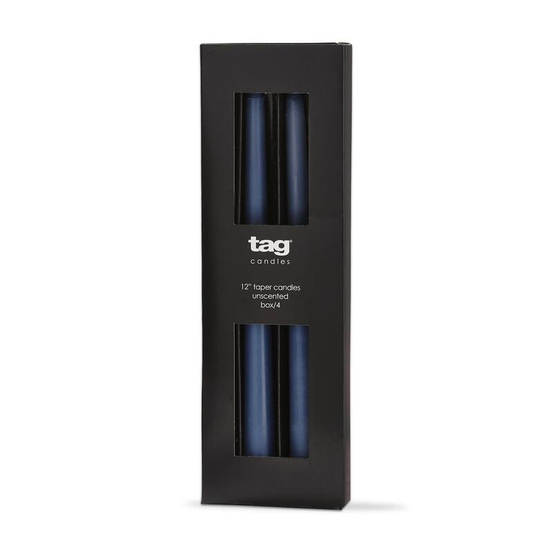 Color Studio 12" Traditional Taper Unscented Smokeless Paraffin Wax Candle Blue Denim Set of 4, Burn Time 8 hrs.