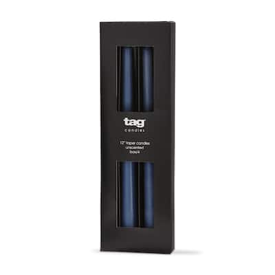 Color Studio 12" Traditional Taper Unscented Smokeless Paraffin Wax Candle Blue Denim Set of 4, Burn Time 8 hrs.