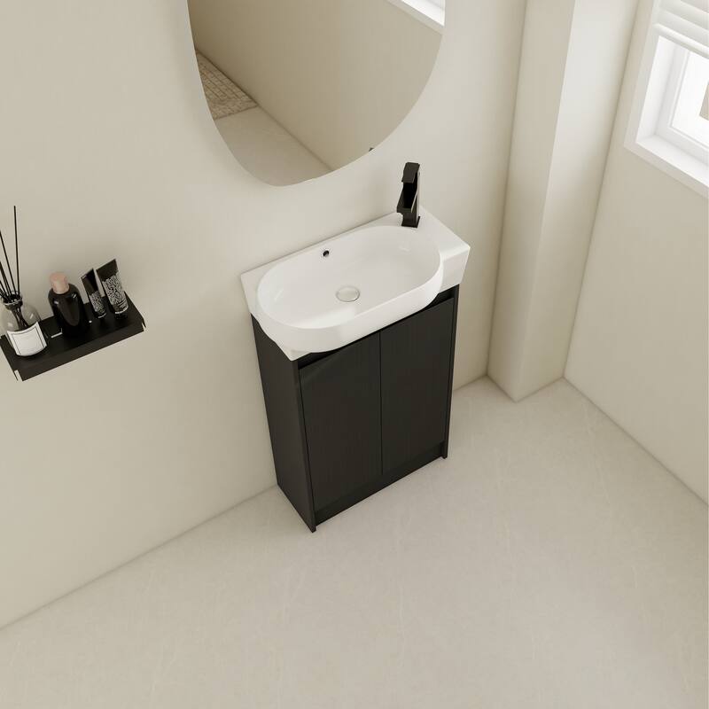 23" Bathroom Vanity with Round Ceramic Sink, Soft-Close Hinges, and Spacious Storage - Black Chestnut Finish