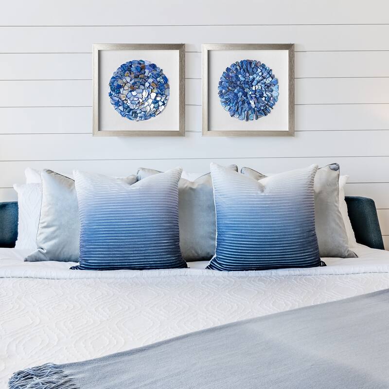 American Art Decor Blue Seashell Mosaic 3D Textured Wall Art with Champagne Frame, 2 Piece Set for Coastal Beach Theme Decor