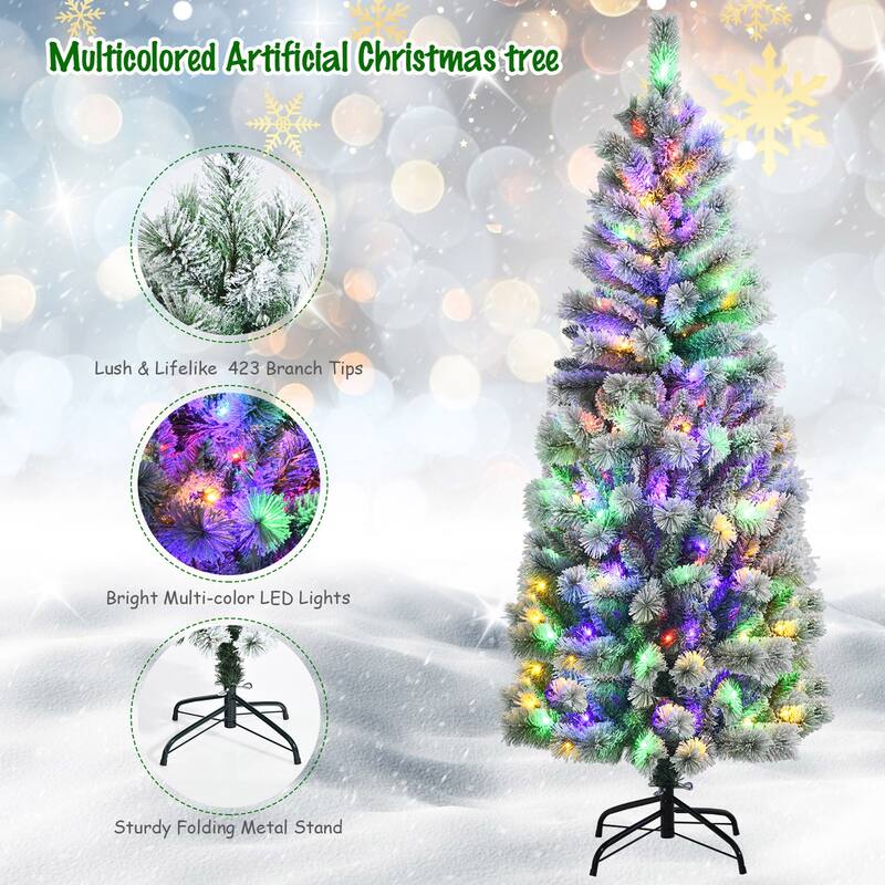 Gymax 5/6/7.5/8 ft Pre-lit Snow Flocked Artificial Christmas Tree w/