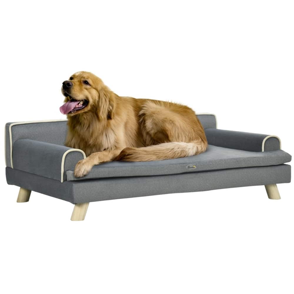 Elevated Chenille Dog Bed with Removable Washable Cover Pinewood Legs for Dogs Up to 55 lbs Pewter