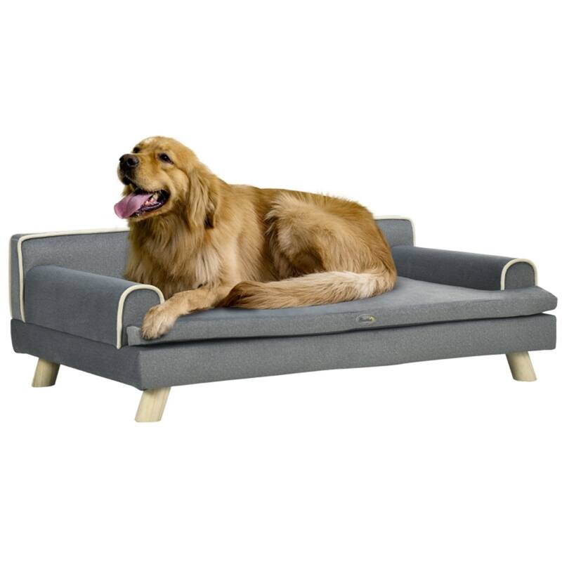 Elevated Chenille Dog Bed with Removable Washable Cover Pinewood Legs for Dogs Up to 55 lbs Pewter