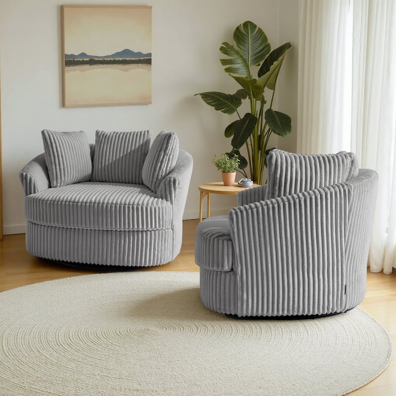 2 Set Oversized 43" W Plush Corduroy Swivel Barrel Chair with Pillows