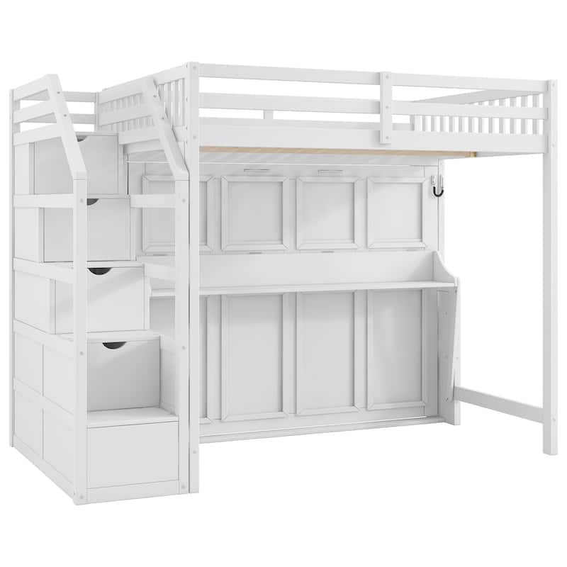 Full XL Loft Bed with Storage Staircase, Murphy Bed, Desk, and LED Light in White