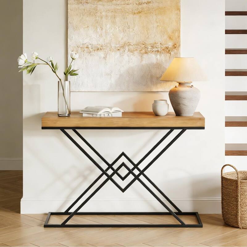 43.2" Solid Wood Console Table with Stylish Geometric Metal Base