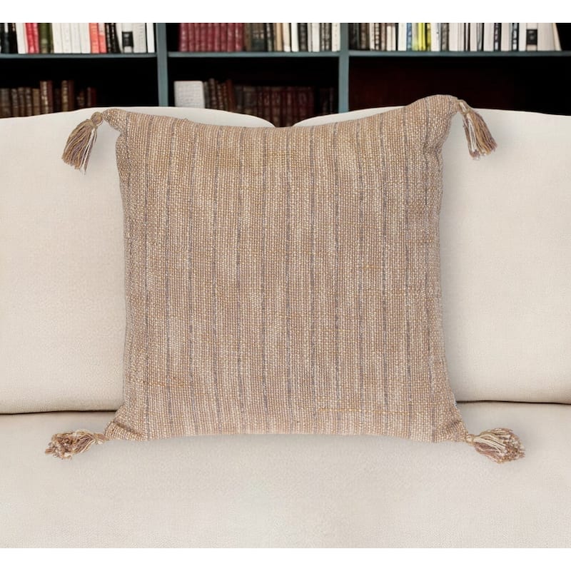 HomeRoots 18" Brown and White Striped Cotton Throw Pillow With Tassels - Accent - Polyester