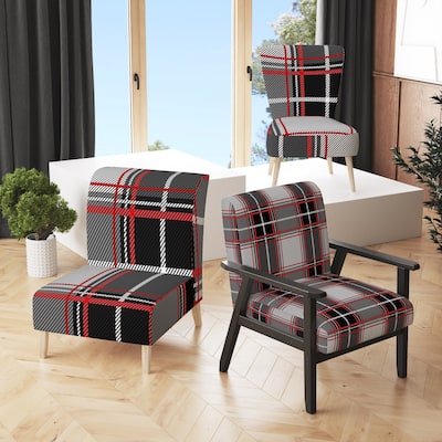 Designart "Grey and Red Checked Tartan" Upholstered Patterned Accent Chair and Arm Chair