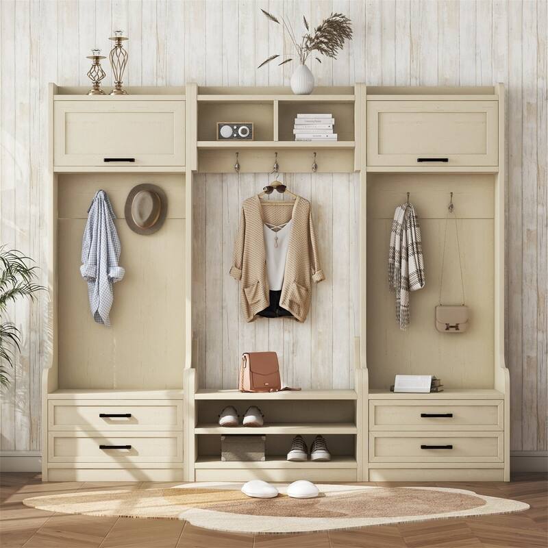 4-in-1 Detachable Hall Tree with 4 Storage Drawers and 7 Hooks, Hallway Coat Rack with Storage Cabinet, Entryway Shoe Bench