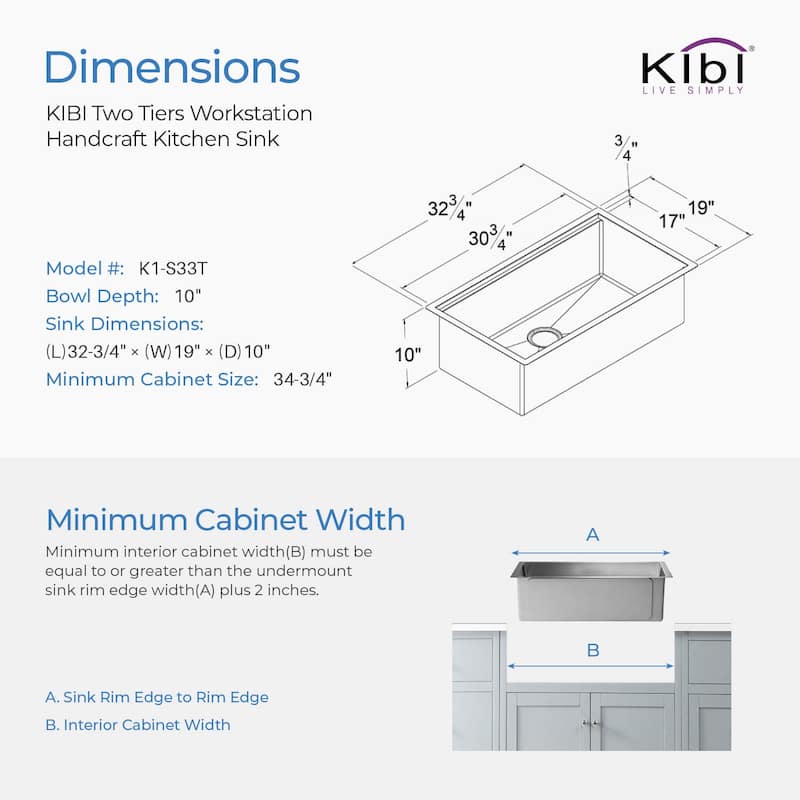 33 Inches Undermount Single Bowl Stainless Steel Workstation Sink
