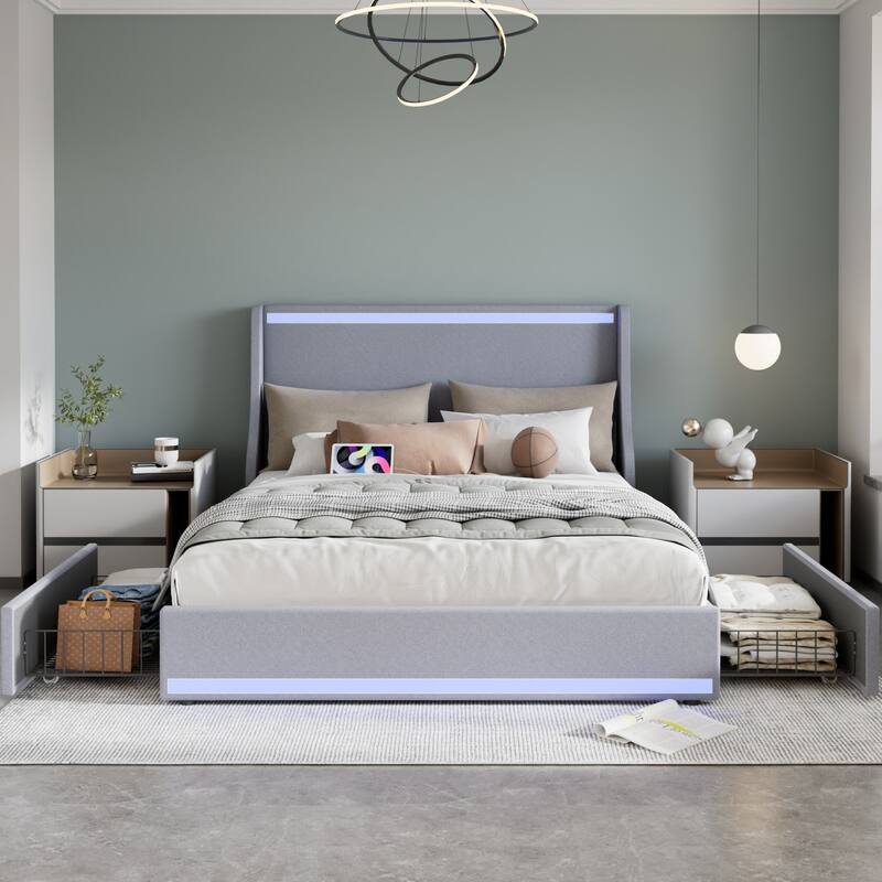 Upholstered LED Bed Frame with 2 Storage Drawers and Wingback Headboard, Linen Fabric Platform Bed with Charing Station - Grey - Queen
