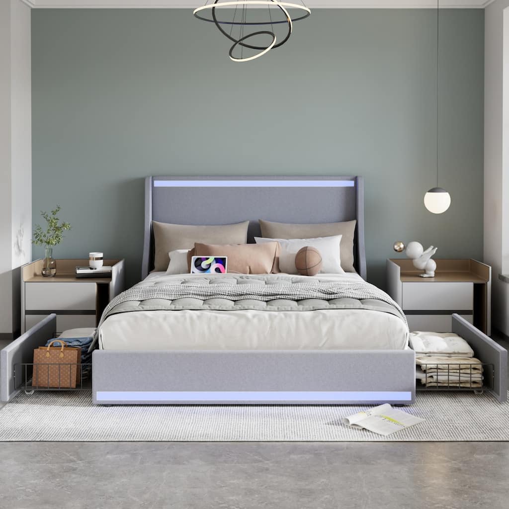 Upholstered LED Bed Frame with 2 Storage Drawers and Wingback Headboard, Linen Fabric Platform Bed with Charing Station