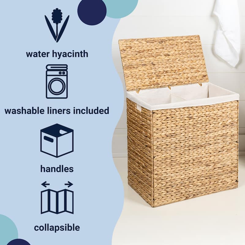 Handwoven 2-Section Collapsible Laundry Hamper, Washable Liner