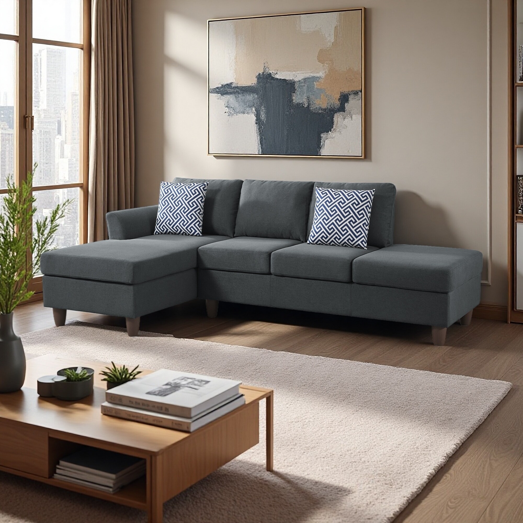 97" Linen Modular 4-Seater Sectional Sofa with Hidden Storage & Accent Pillows