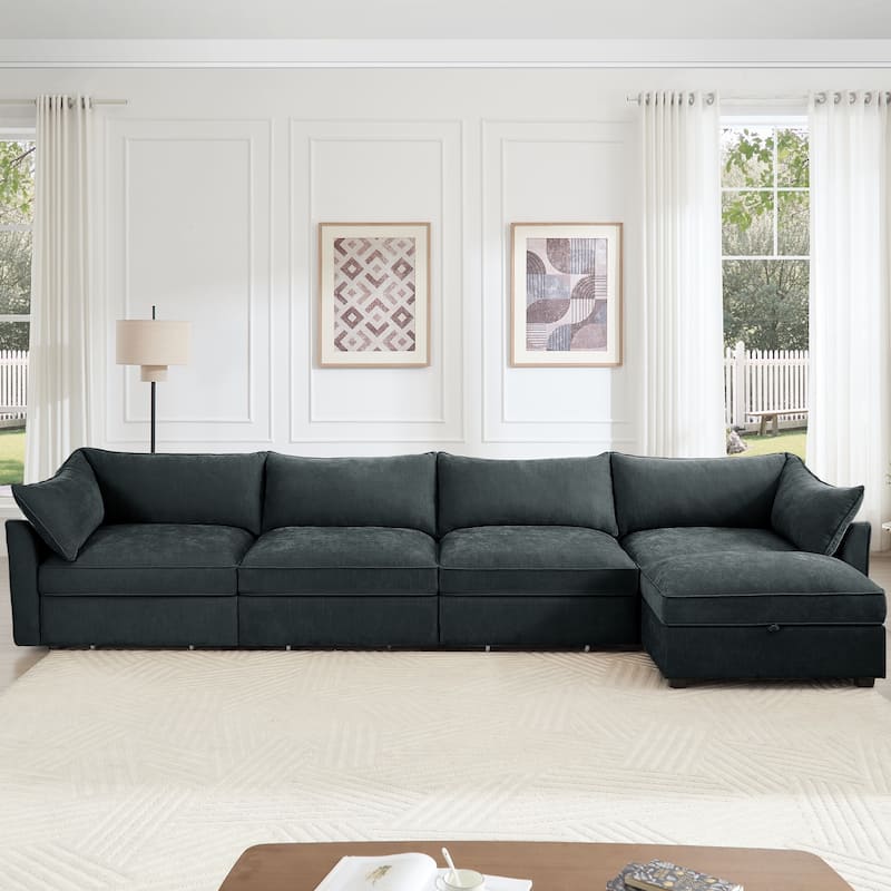 L-Shaped 4-Deep Seater Sectional Sofa Couch with 1 Movable Storage Ottoman & Pull out Drawers Under Each Seat