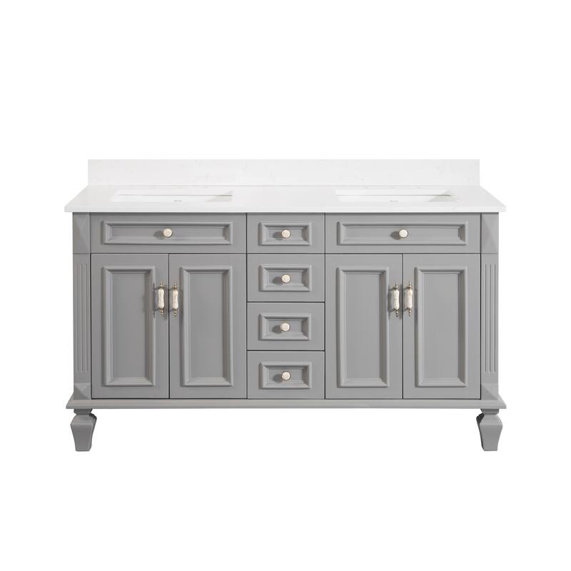 35'' H Solid Wood Bath Vanity with Stain-resistant Carrera White Quartz Top and Double Sink