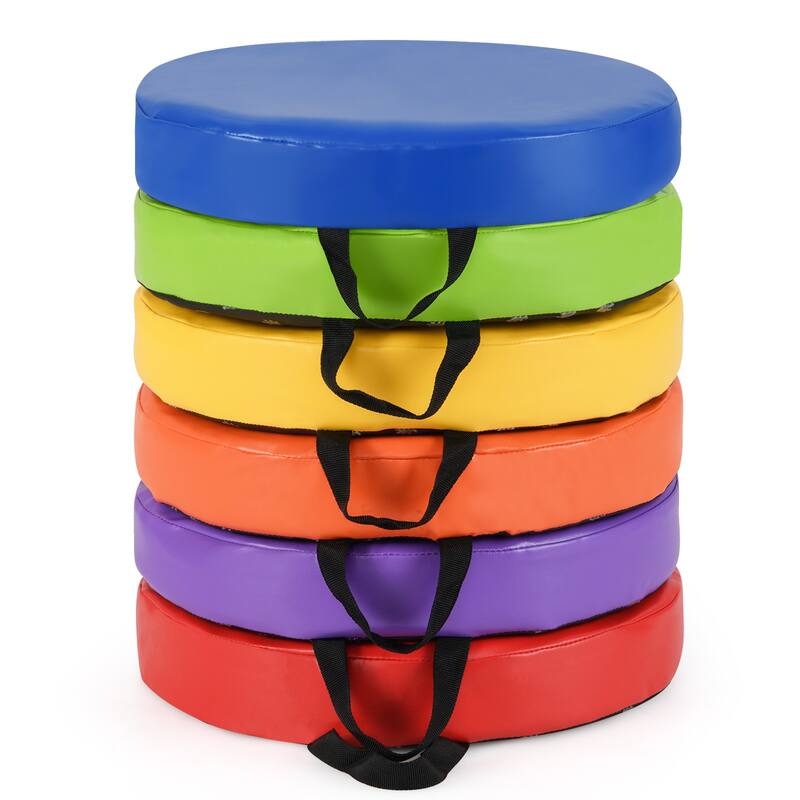 Set of 6 Colorful Stackable Kids Floor Cushions with Handles and PU Foam Seats for Classroom or Home - 14" x 14" x 2.5"