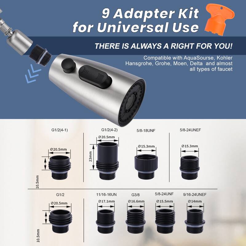WOWOW Modern Kitchen Faucets Head with 3-Spray Modes and 9 Adapters