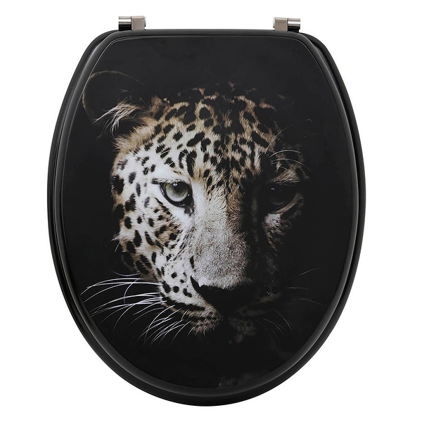 18 Inch Black Elongated Toilet Seat With Leopard Print 17.5 L x