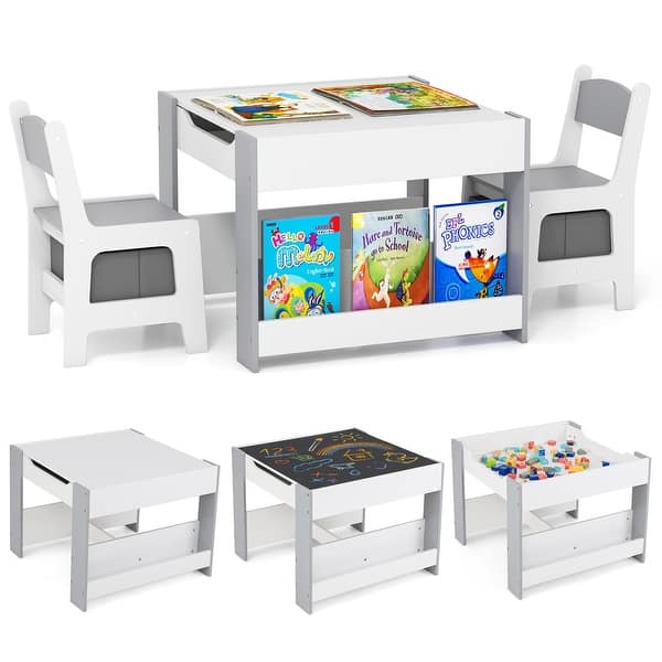 slide 2 of 17, 4 in 1 Kids Activity Table and Chairs Set with Reversible Tabletop Included Bookshelves - 24" x 24" x 19" White-Grey