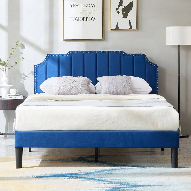 VECELO Upholstered Bed Frame with Nailhead Trim Adjustable Height Headboard, Twin/Full/Queen Size Bedframes - Blue - Queen