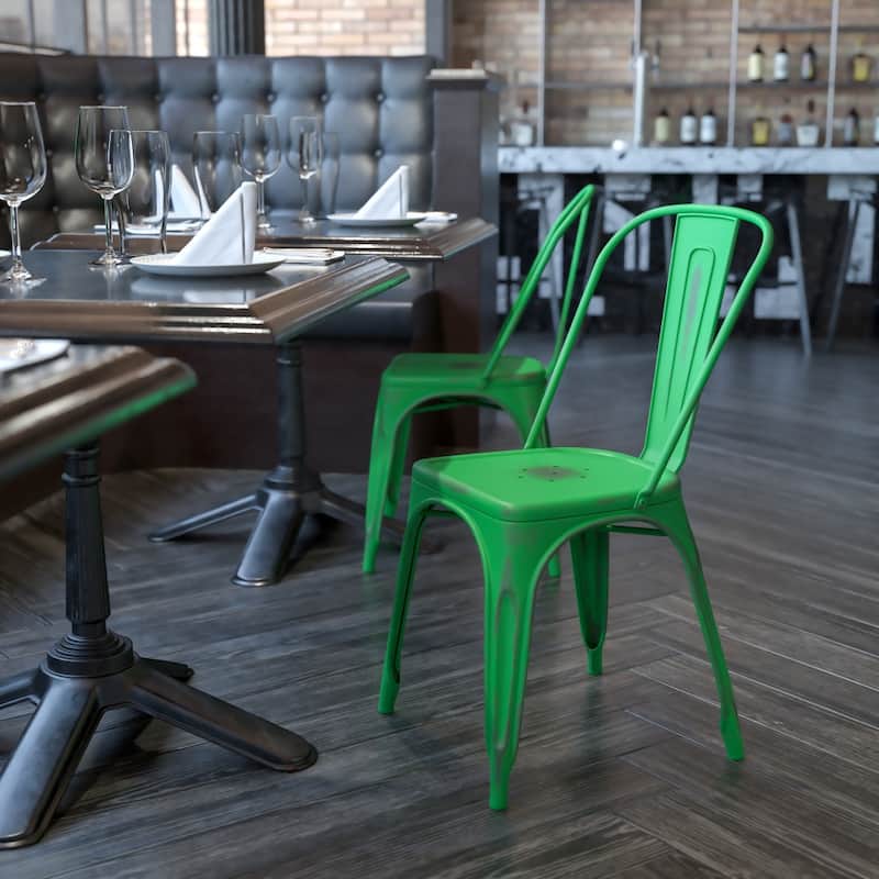 Distressed Metal Indoor/ Outdoor Stackable Chair - Green