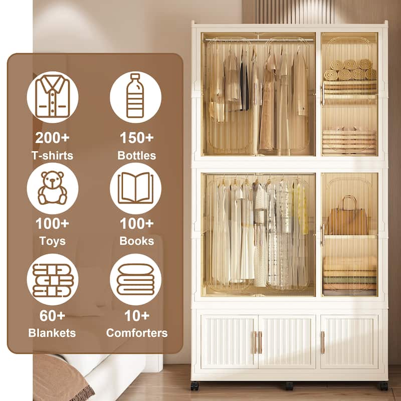Portable Closet Wardrobe for Renters Students Travelers, Folding Armoire Clothes Cabinet with 9 Cubes & 2 Hanging Rods - Creamy White