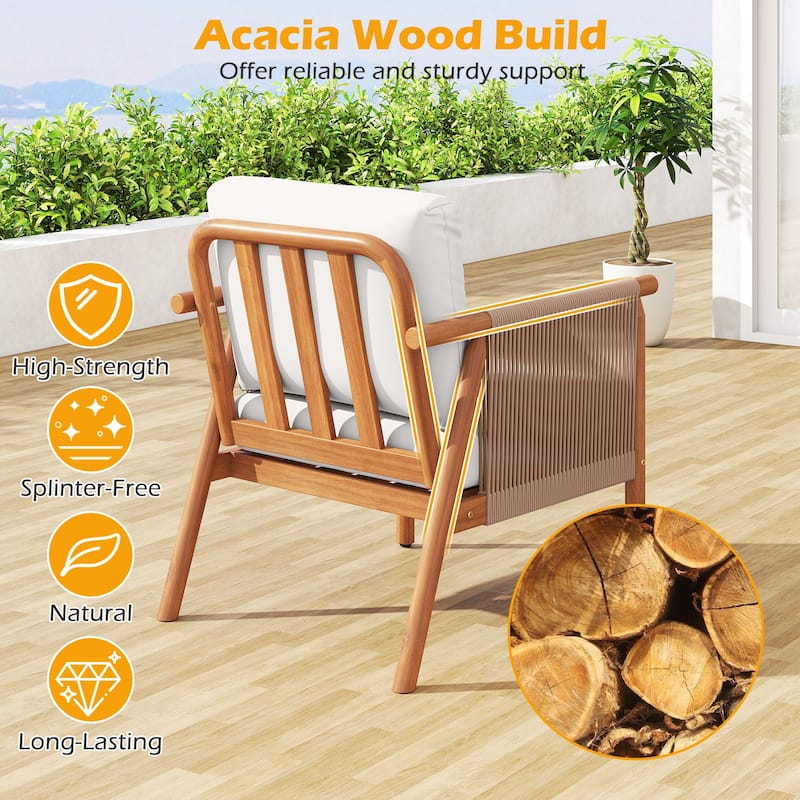 Gymax 4PCS Patio Acacia Wood Chair w/ Woven Rope Armrests & Seat Back
