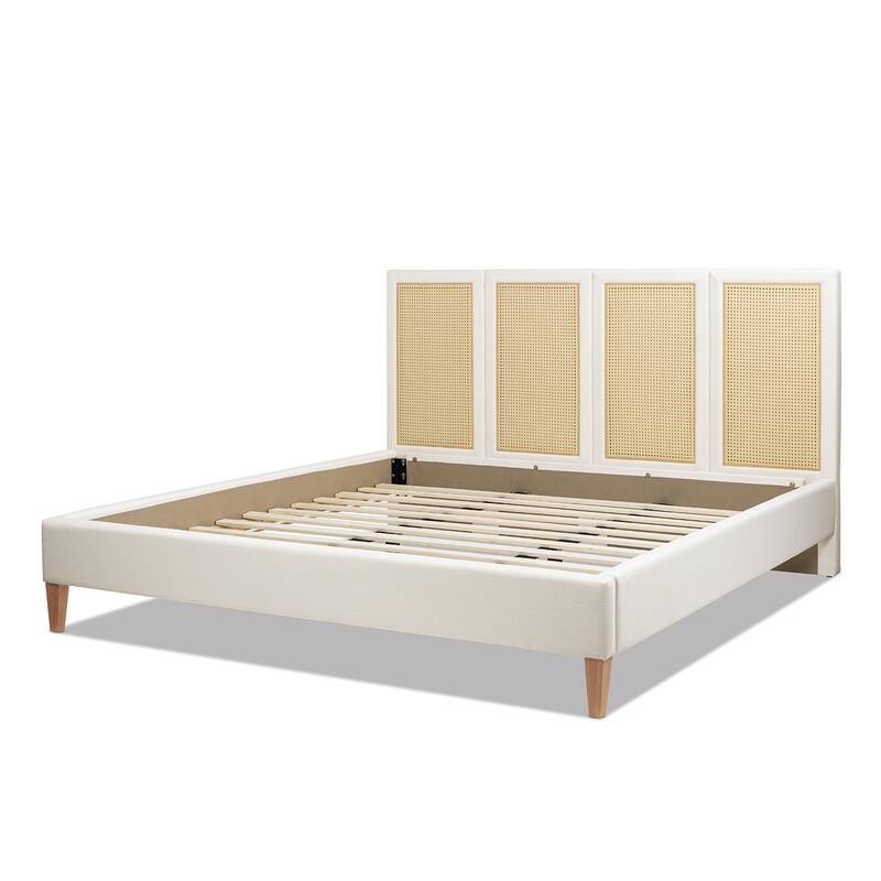 Jennifer Taylor Home Toscana Upholstered Cane Back Platform Bed, Antique White Polyester