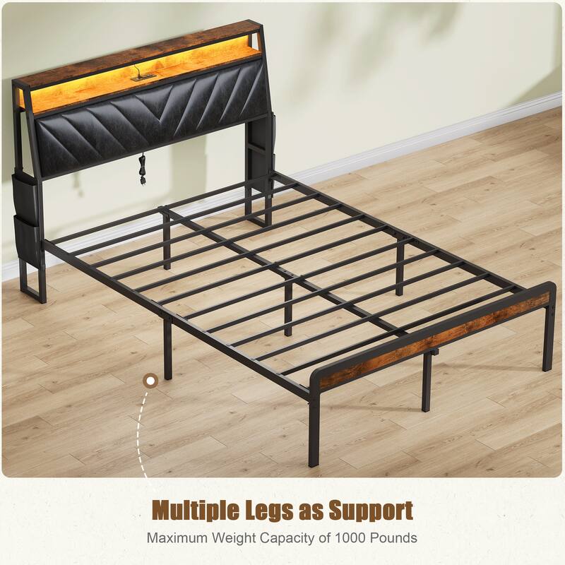 Metal Platform Bed Frame with 105掳 Tilted Leather Backrest Headboard, LED Lighting, Charging Station, Noise-Free, Antique Brown