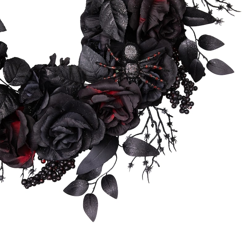 Burgundy and Black Roses with Spiders Halloween Wreath 24-Inch Unlit