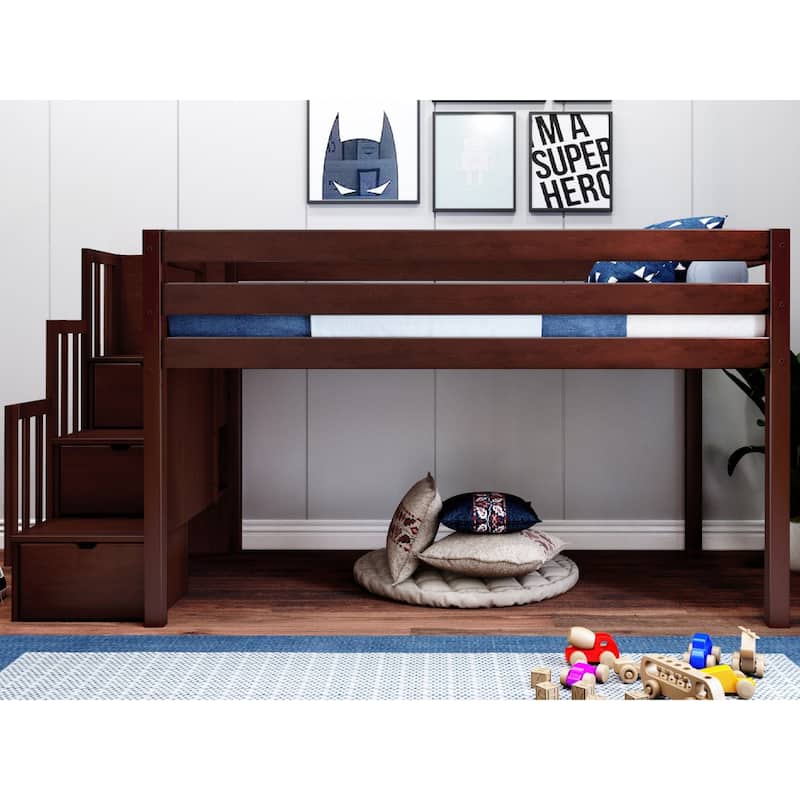 JACKPOT Contemporary Low Loft Twin Bed with 3 Step Stairway