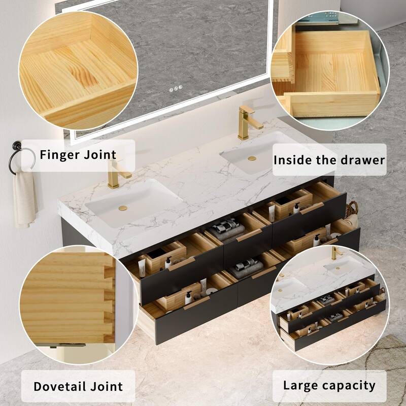 Modland 60" Modern Floating Bathroom Vanity with Double Sink, Soft-Close Drawers, White Stone Countertop