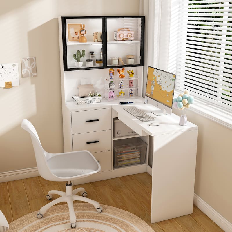Computer Desk with Glass Cabinets & Built-In LED Lights, Corner L-Shaped Office Desk with USB Charging Ports, Keyboard Tray