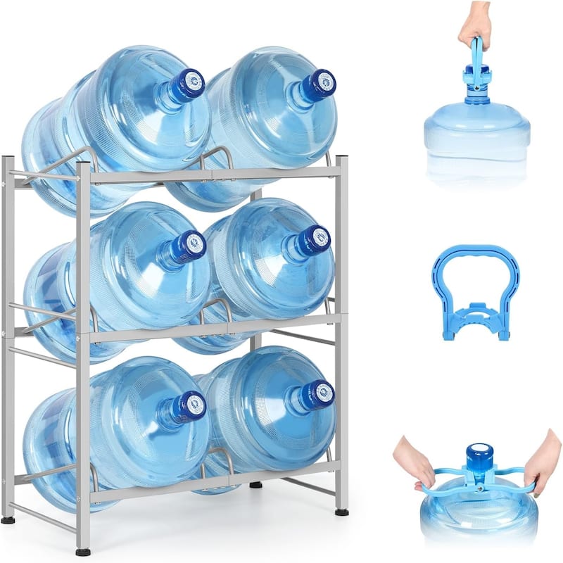 5 Gallon Water Bottle Holder with Lifter - 3-Tier - Silver