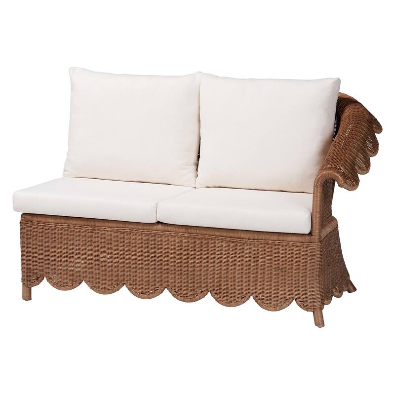 Detta Natural Rattan Sectional Set - Handwoven Wicker Corner Lounge Seating with Scalloped Skirt Base and Rolled Arms