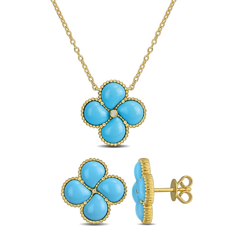 Miadora Yellow Silver Gemstone Clover Necklace and Earrings Set - Blue