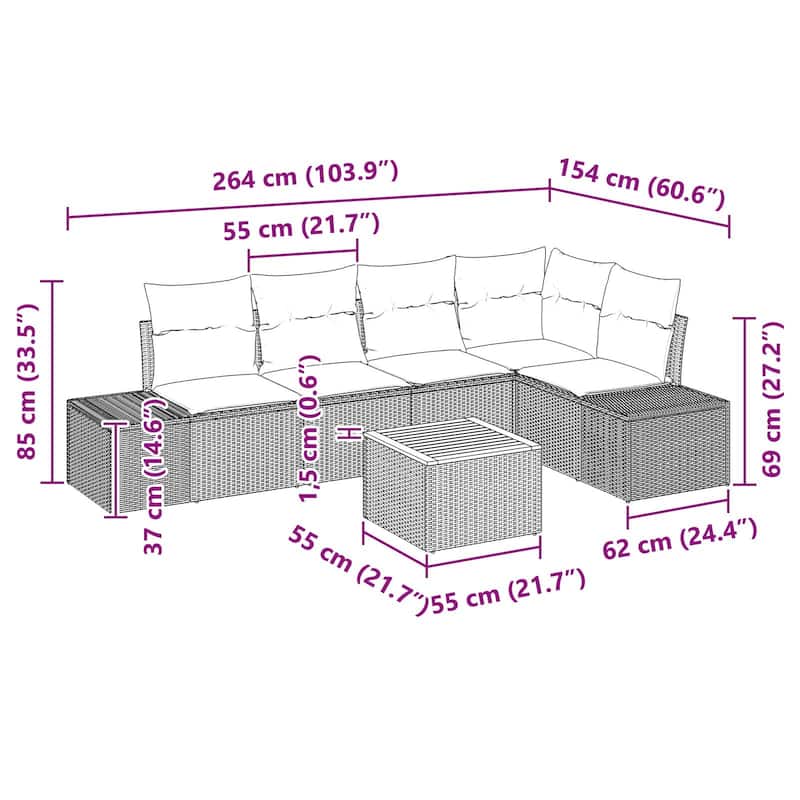vidaXL 6 Garden Sofa Set with Cushions Black/Grey Poly Rattan - 103.9 x 60.6 x 27.2