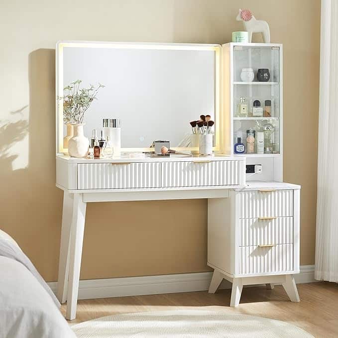 Modern Makeup Vanity Desk with HD Lighted Mirror, Dressing Table - Solid White