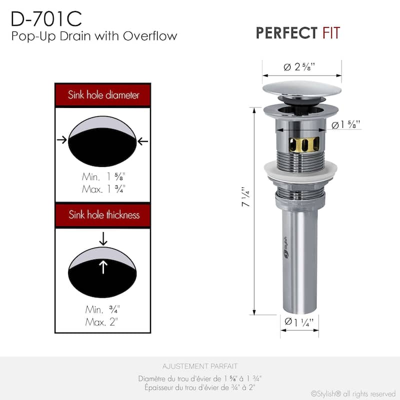 STYLISH Pop-Up Bathroom Sink Drain with Overflow D-701