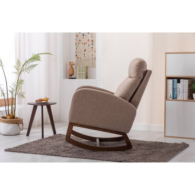 Modern Accent Upholstered Rocking Rocker High Back Arm Chair with Wooden Frame Side & Pockets for Living Room