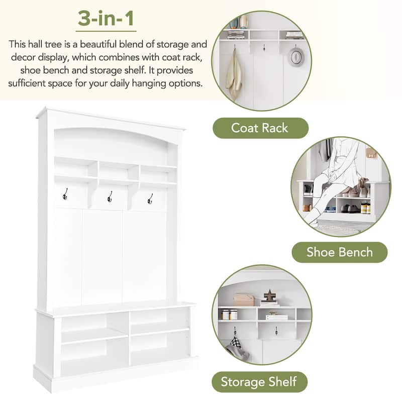 Hall Tree with Bench & Shoe Storage, Multi-functional Storage Bench w/ 3 Hanging Hooks & Open Storage Space, Rectangle Coat Rack