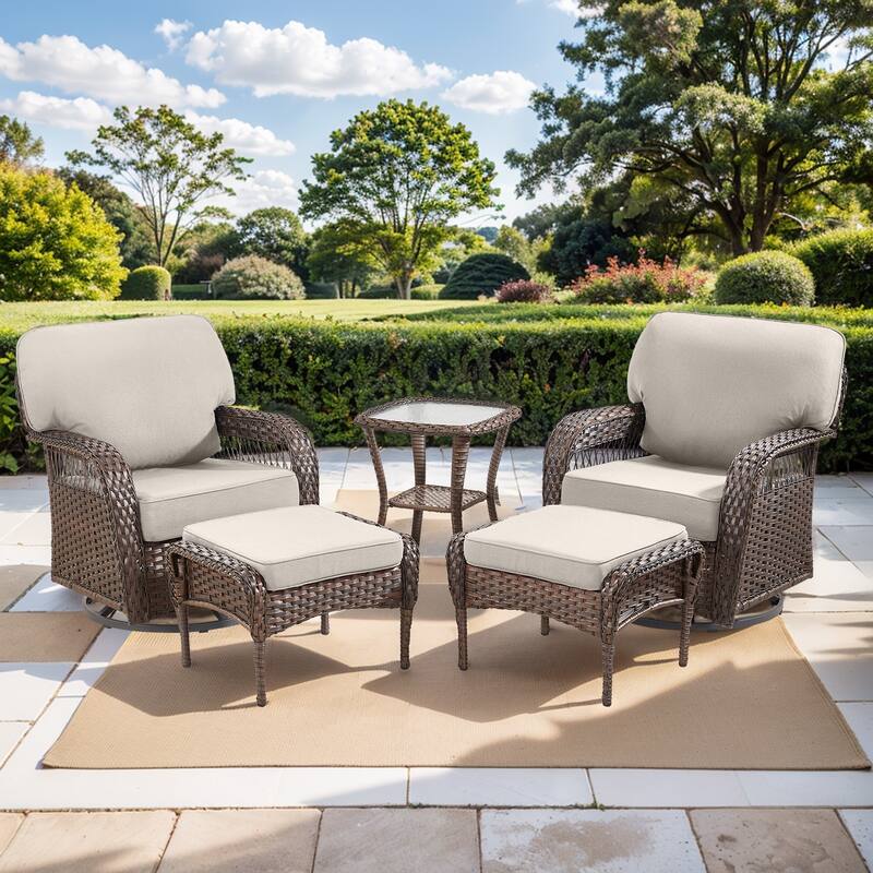 Pocassy Swivel Chair Table with Outdoor Ottoman Set. - Brown Wicker Beige Cushion - 5-Piece Swivel Chair Ottoman w/ Side Table
