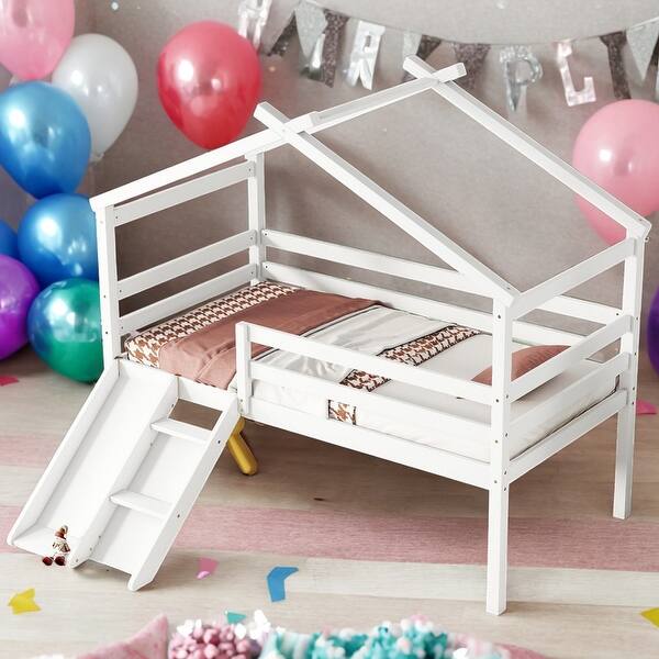 slide 2 of 8, Twin Size Low Loft Bed with Slide and Ladder and Safety Guardrails for home White