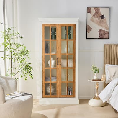 71.2'' Freestanding Pantry Cabinet with Glass Door, Farmhouse Display Cabinets with Adjustable Shelevs