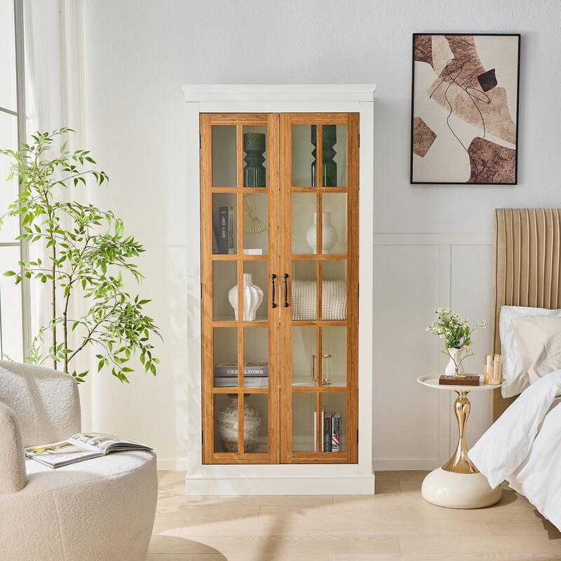 71.2'' Tall Display Cabinet with Glass Doors, Rustic Style China Cabinet, Curio Cabinet for Collectibles Figures Trophies - Brown,Cream White
