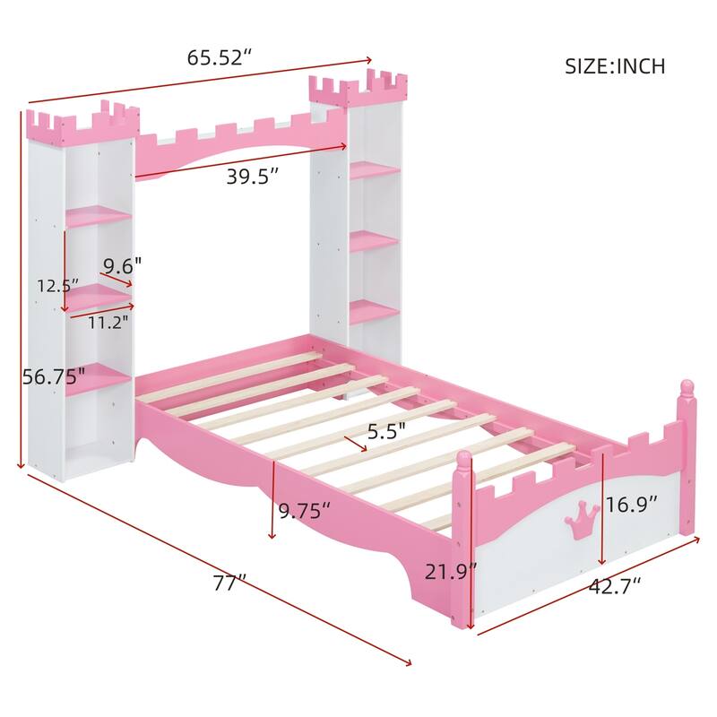Castle-Shaped Twin Size Wooden Bed with Storage Shelves for Kids, White and Pink