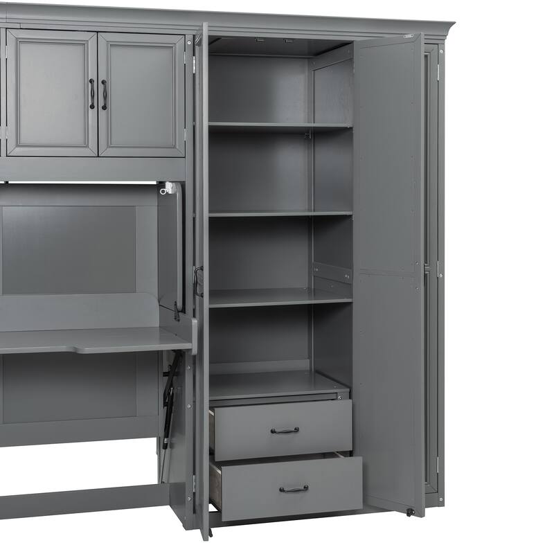 Twin Size Murphy Bed Wood Wall Bed with Wardrobe Desk Cabinet and Drawers, Murphy Bed with Workstation for Studio Apartment