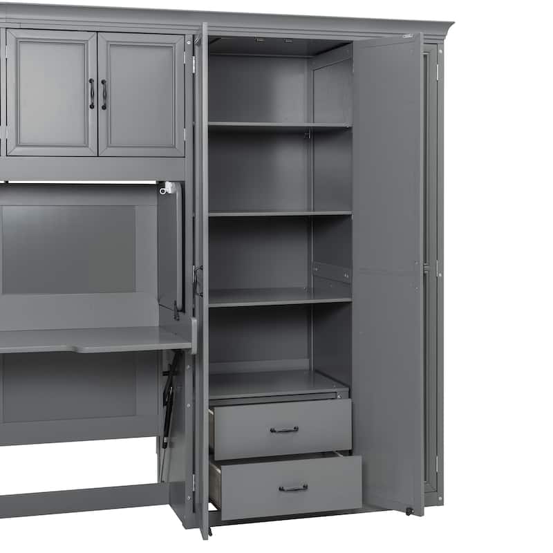 Versatile Twin Size Murphy Bed Fold-down Storage Wall Bed with Temporary Desk, Top Cabinets, Side Wardrobe, Drawers and Shelves